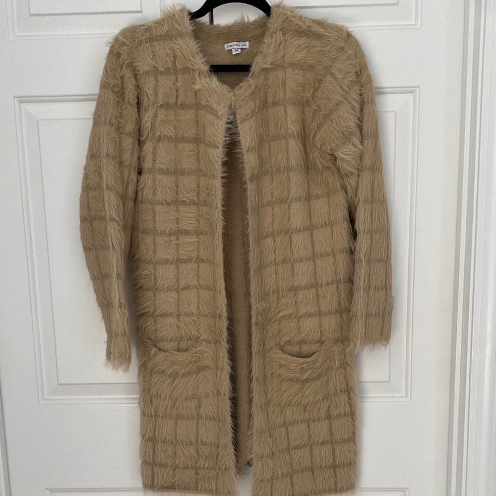 Tan Textured Open-Front Coat sweater with pockets